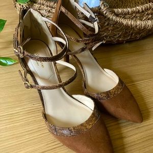 NEVER WORN Brown Suede and Snake Print Heels.